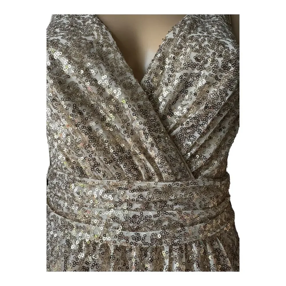David's Bridal sequin v-neck bridesmaid dress with satin piping gold size 8